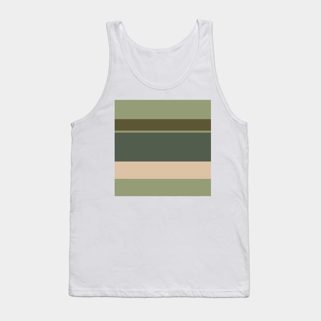 A scarce blend of Camo Green, Dark Vanilla, Artichoke, Greyish Teal and Gunmetal stripes. Tank Top by Sociable Stripes
